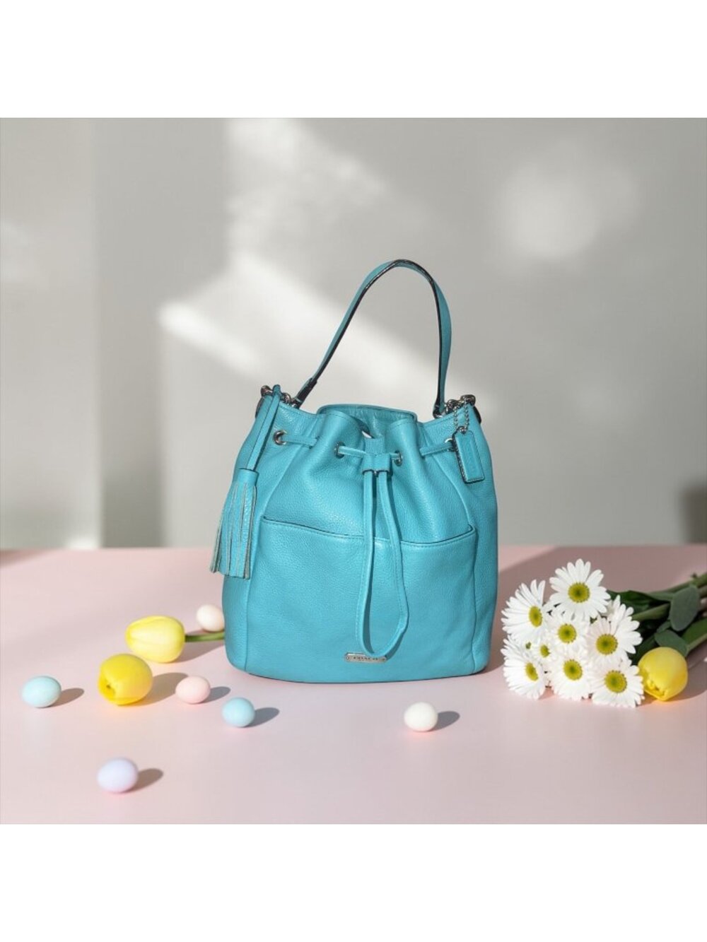 Coach Turquoise Leather Drawstring Bucket Bag